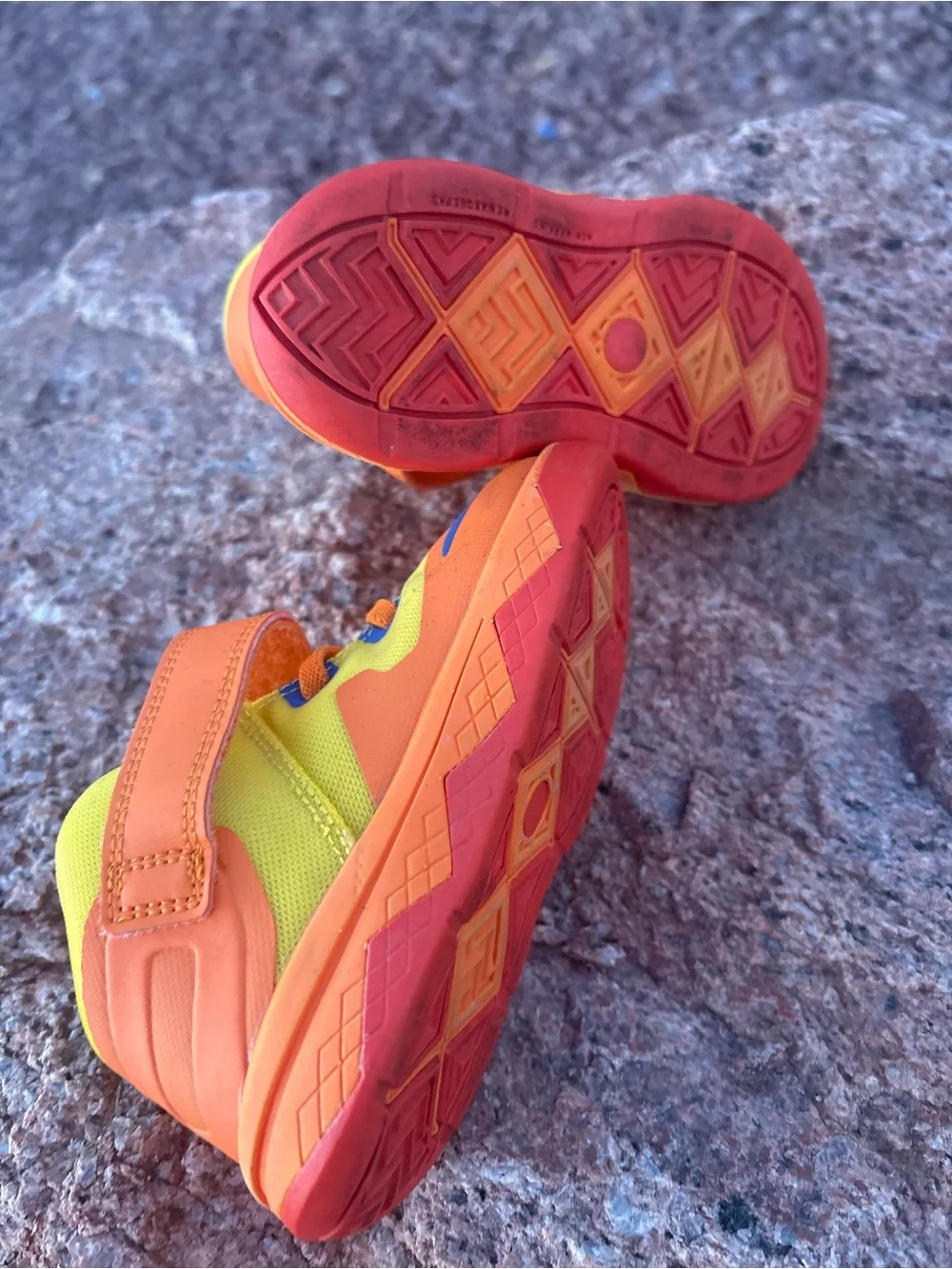 Nike Kids Orange and Yellow Hook-and-Loop Sneakers with Blue Swoosh